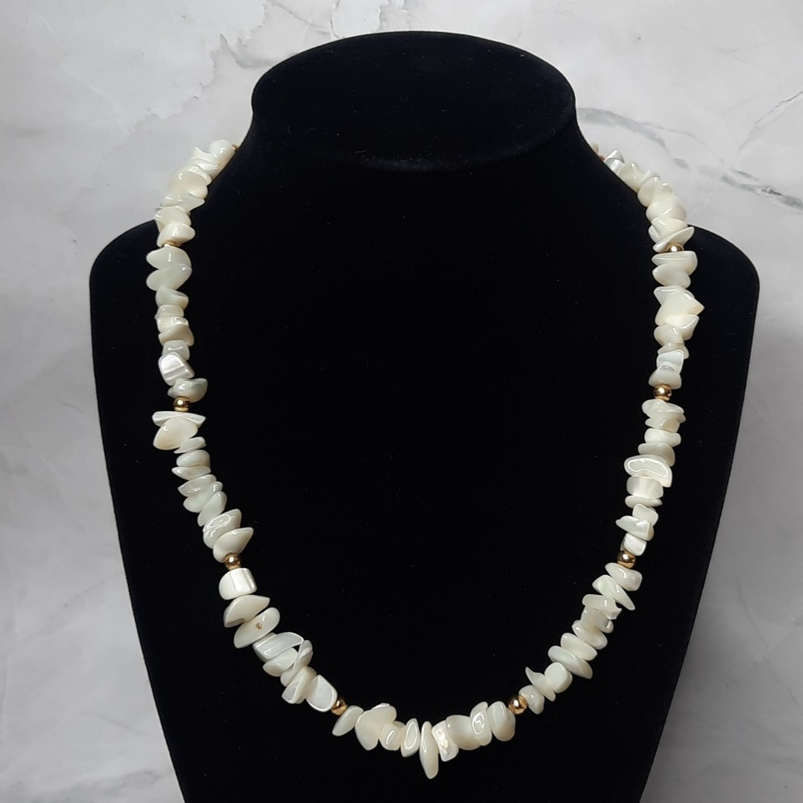 White Stone Chip Necklace Gold Accent Beads